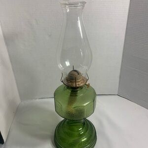 Vintage Green Glass Oil Lamp with Chimney
